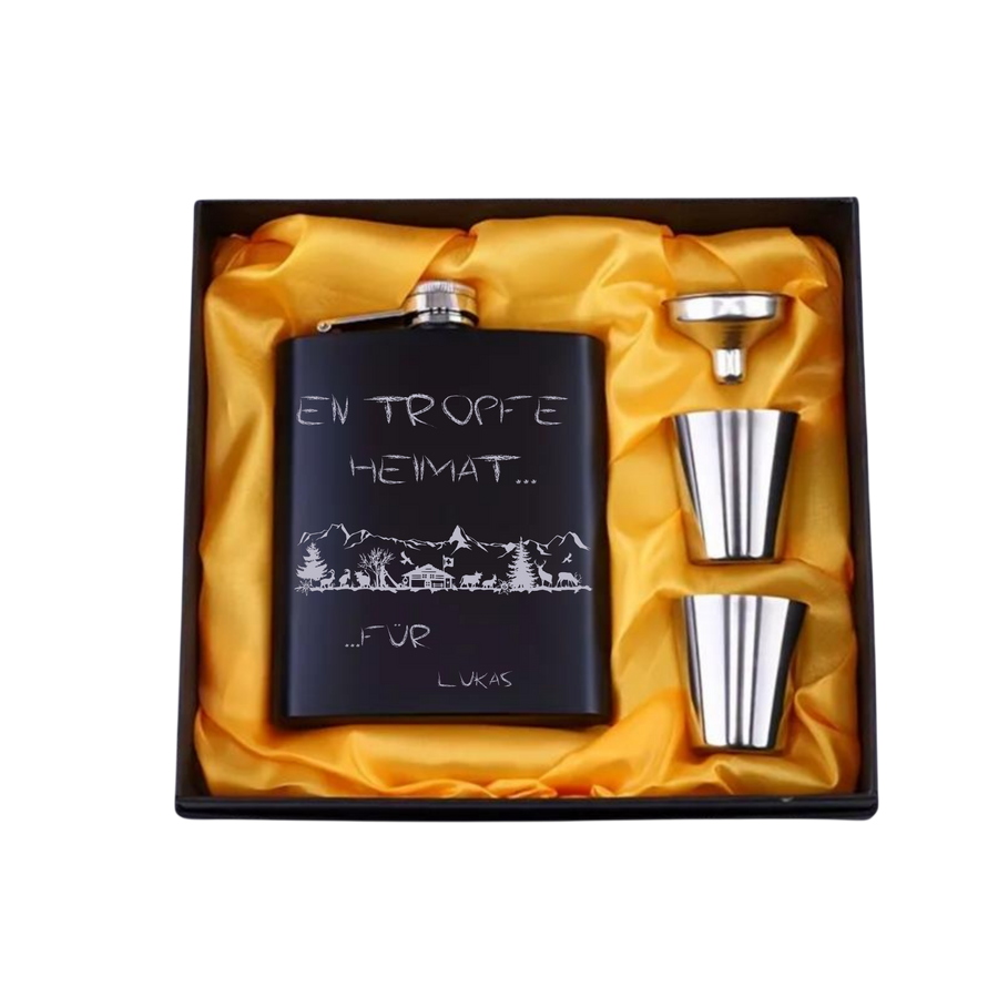 Personalisierter Alpen-Flachmann aus Edelstahl – Geschenkset mit Gravur & Name