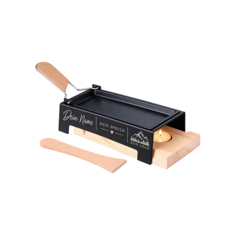 Personalisiertes Raclette-Set mit silberfarbener Gravur, Holzgriff und Teelichtbetrieb