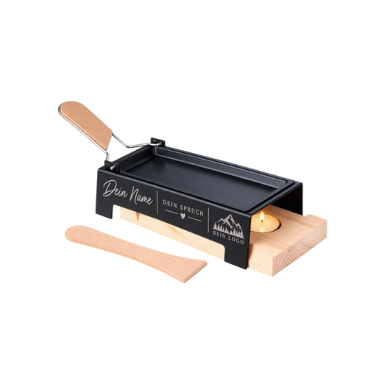 Personalisiertes Raclette-Set mit silberfarbener Gravur, Holzgriff und Teelichtbetrieb